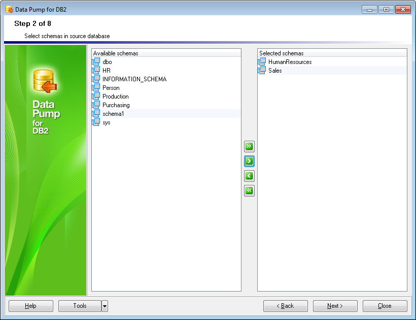 Step 2 - Selecting source schemas