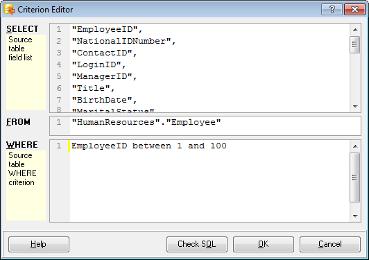 Step 7 - Selecting tables for data import - Criterion editor