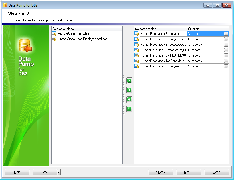 Step 7 - Selecting tables for data import