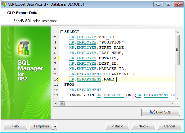 CLP Export - Specifying SQL SELECT statement