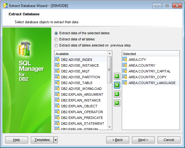 Extract Database - Selecting objects for data extraction