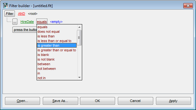 Filter Builder dialog - Setting filter operator