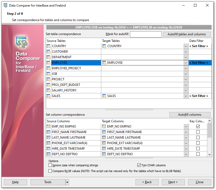 Step 2 - Setting tables and fields correspondence