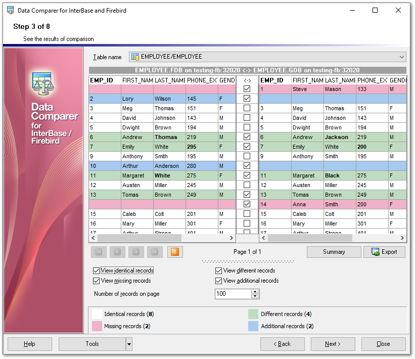 Step 3 - Browsing data comparison results