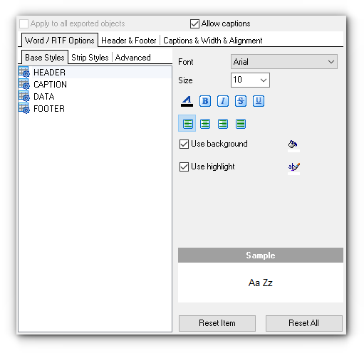 Format-specific options - Word 97- Data styles