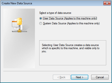 Microsoft OLE DB Provider for ODBC - Connection - Creating new data source - Selecting data source type