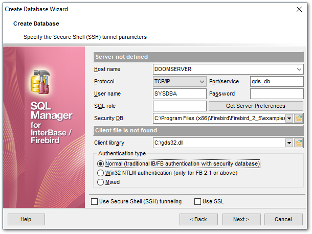 Create Database wizard - New host - Setting connection parameters