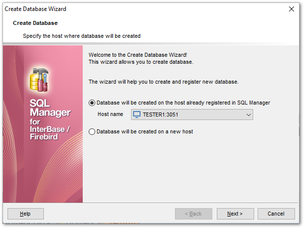 Create Database wizard - Selecting host