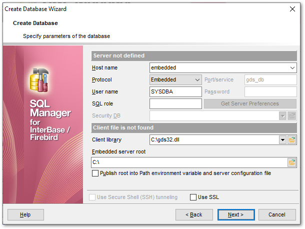 Create Database wizard - Setting connection parameters - Embedded