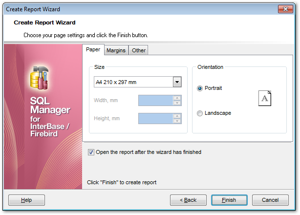 Create Report - Specifying paper settings