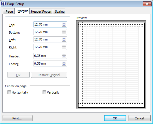 Data View - Print Data - Page Setup - Margins