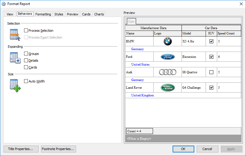 Data View - Print Data - Report Formatter - Behaviors