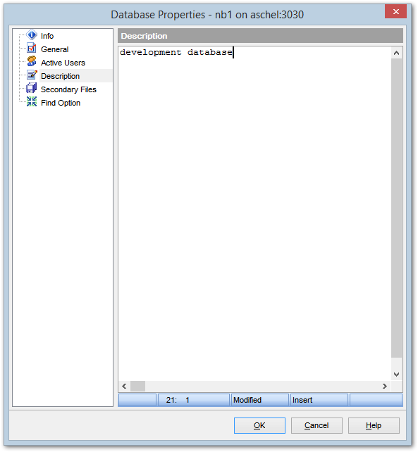 Database Properties - Description