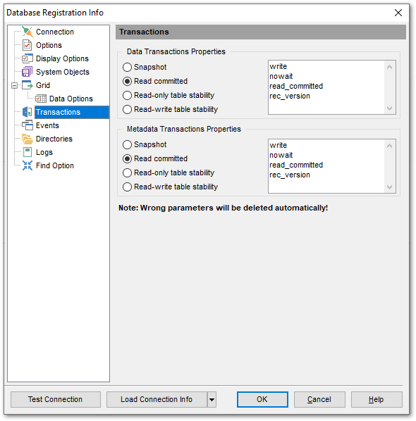 Database Registration Info - Defining Transactions