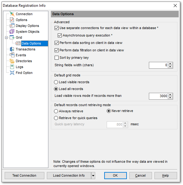 Database Registration Info - Grid - Data options