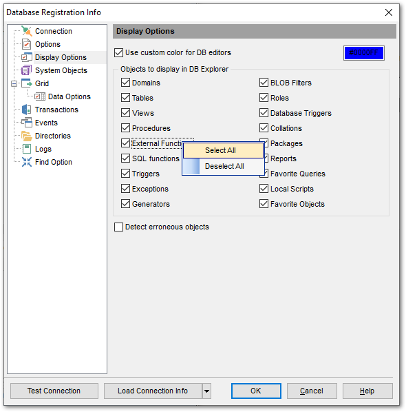 Database Registration Info - Setting display options