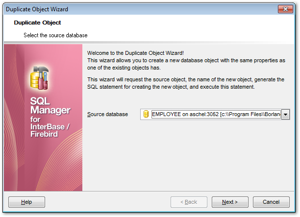 Duplicate Object Wizard - Selecting the source database