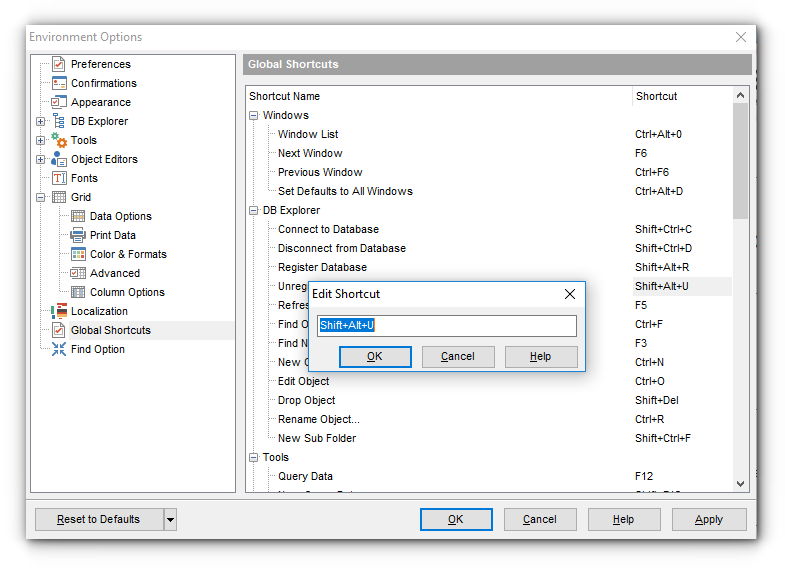 Environment Options - Global Shortcuts