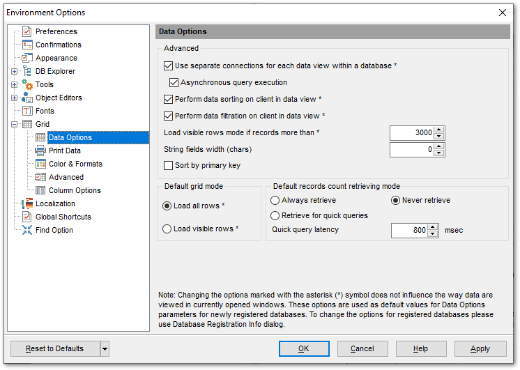 Environment Options - Grid - Data Options