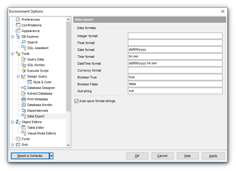 Environment Options - Tools - Data Export