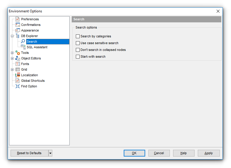 Environment Options - Tools - DB Explorer - Search