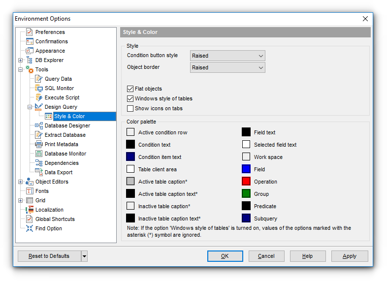 Environment Options - Tools - Query Builder - Style & Color