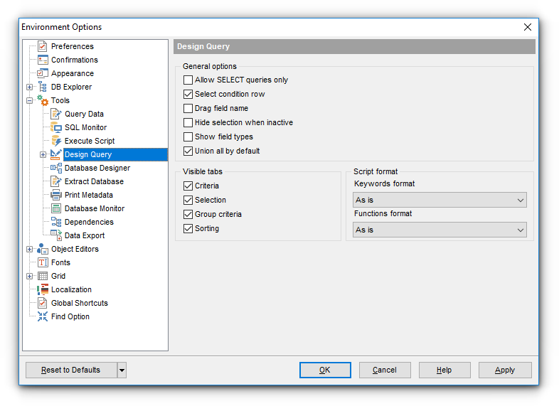 Environment Options - Tools - Query Builder