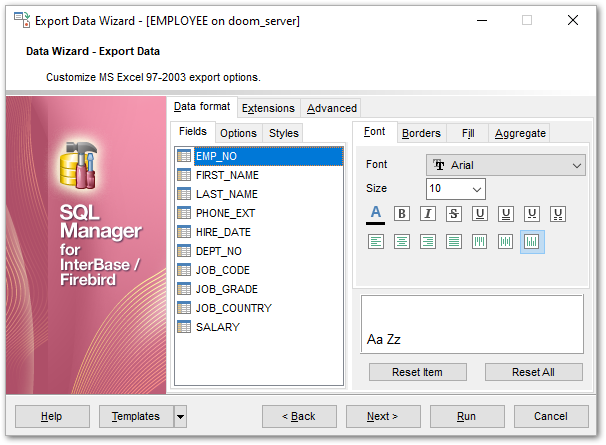 Export Data - Format-specific options - Excel