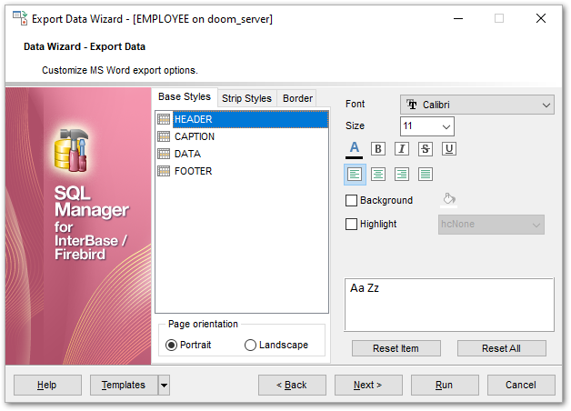 Export Data - Format-specific options - Word 2007 - Base Styles