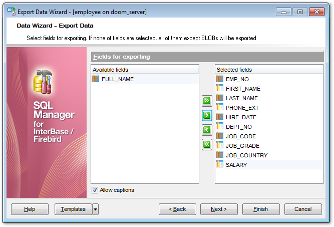 Export Data - Selecting fields for export