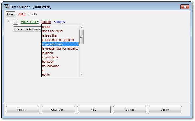 Filter Builder dialog - Setting filter operator