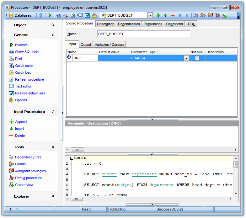 Procedure Editor - Editing procedure definition