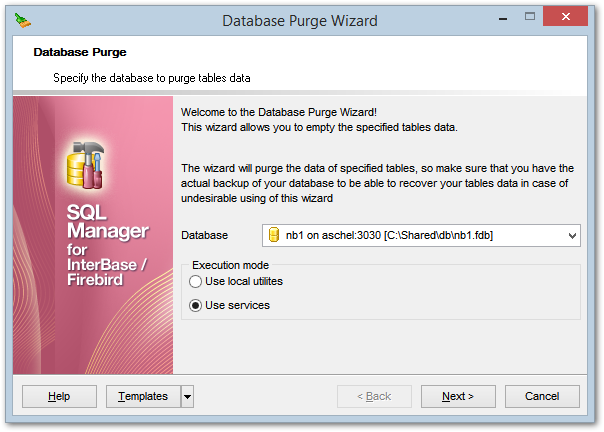 Purge Database - Selecting database and execution mode 