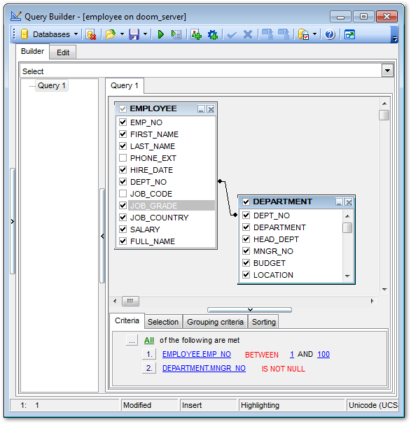 Query Builder - Working with diagram area