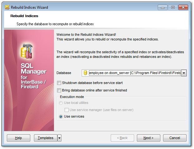 Rebuild Indices - Selecting database and execution mode