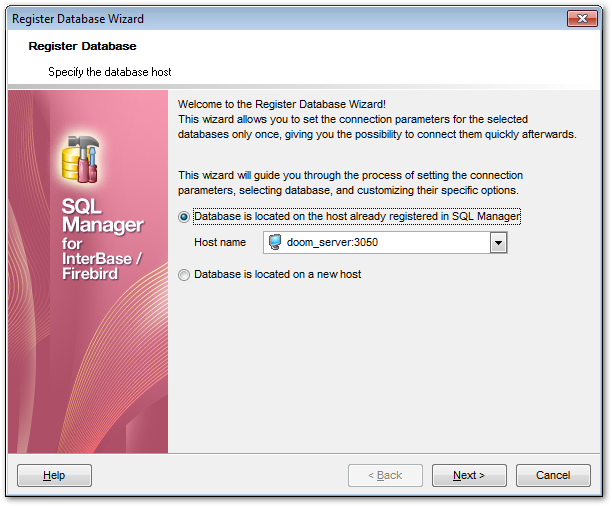 Register Database wizard - Selecting host