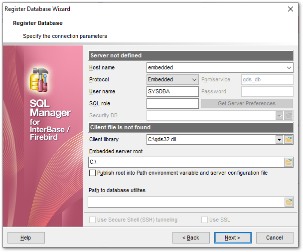 Register Database wizard - Setting connection parameters - Embedded