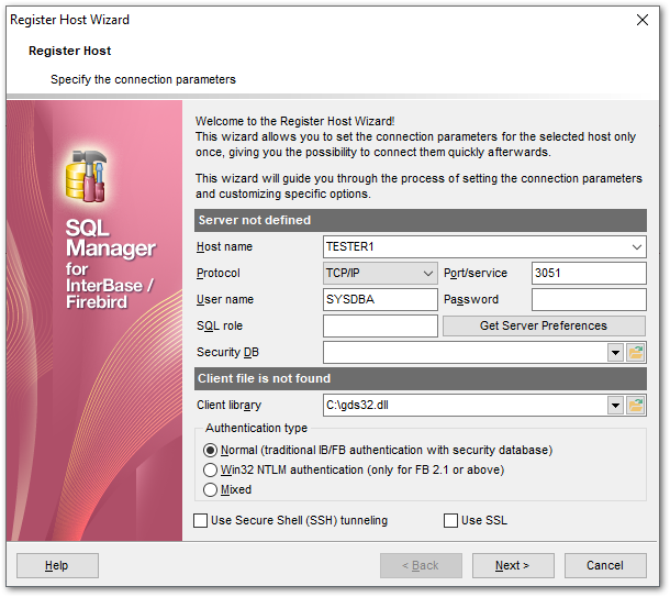 Register Host wizard - Setting connection parameters