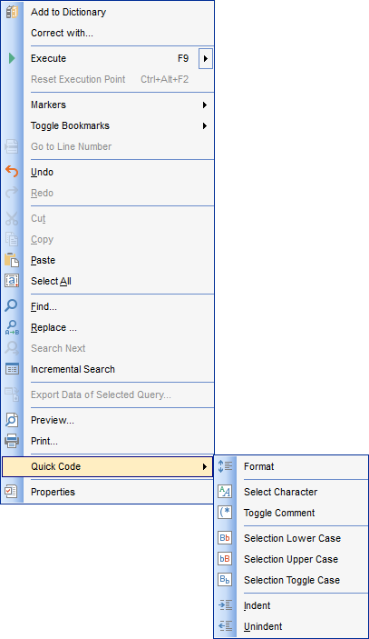 SQL Editor - Using the context menu