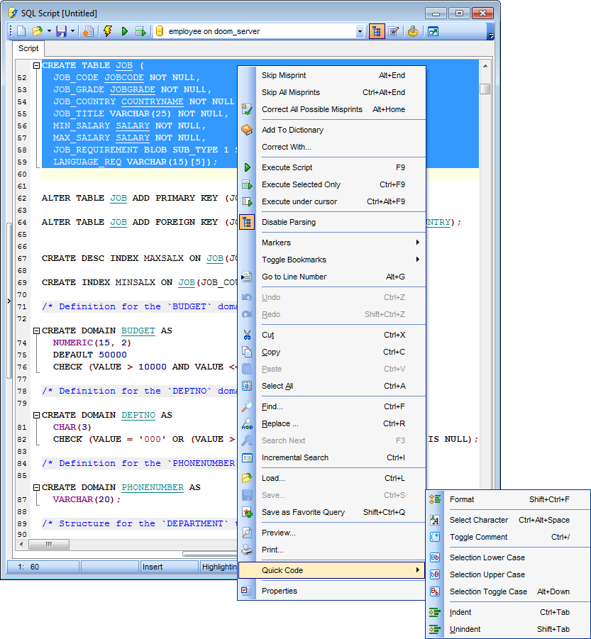 SQL Script Editor - Working with SQL Script editor area