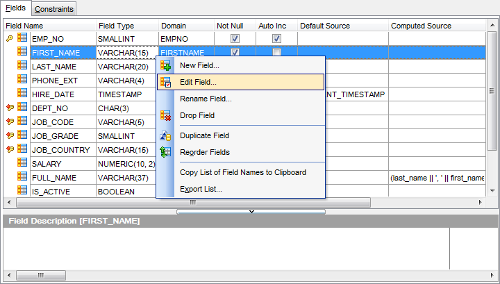 Table Editor - Managing fields