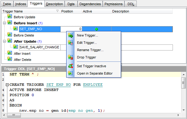 Table Editor - Managing triggers