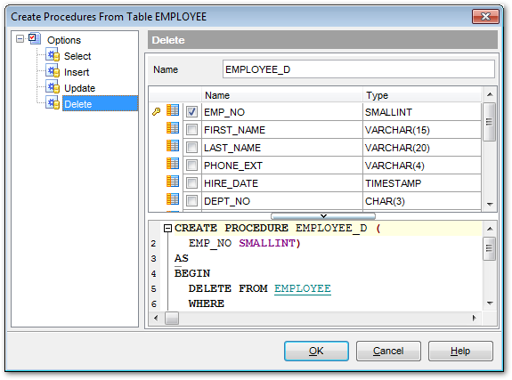 Tables - Create Procedure from Table - DELETE