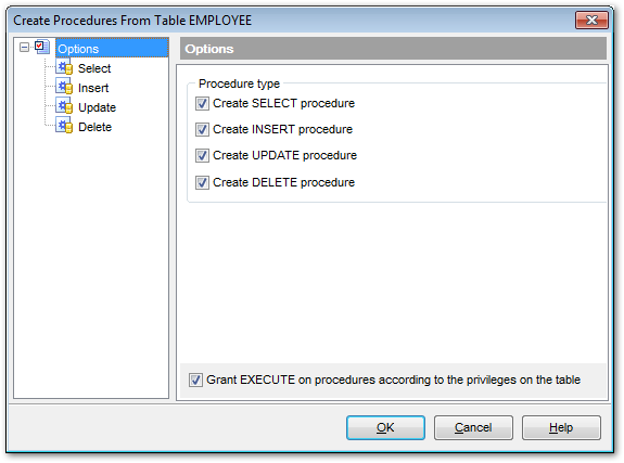 Tables - Create Procedure from Table - Options