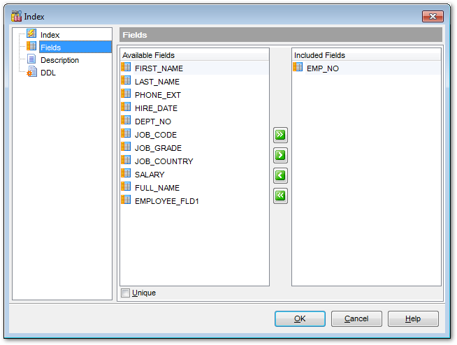 Tables - Index Editor - Fields