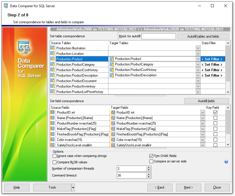 Step 2 - Setting tables and fields correspondence