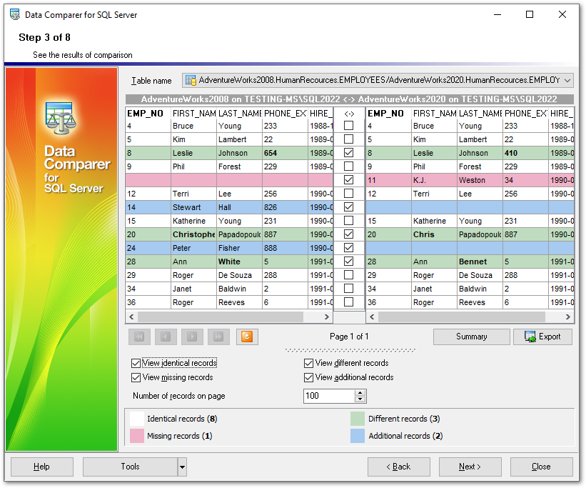 Step 3 - Browsing data comparison results