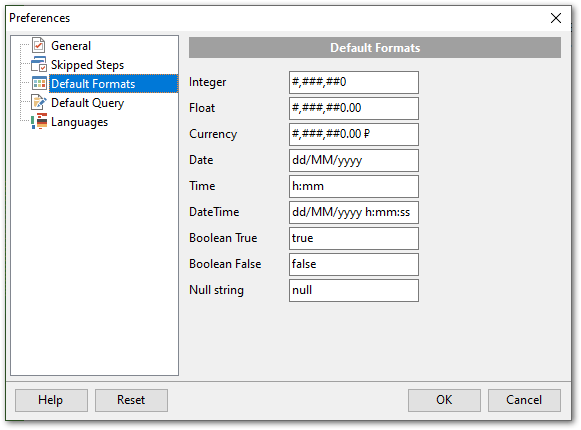 Preferences - Default formats