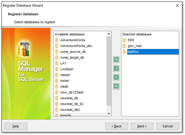 Register Database wizard - Selecting databases