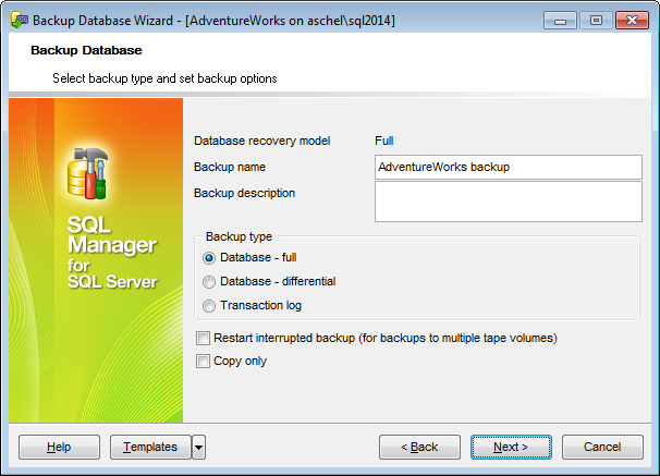 Backup Database - Setting backup type and options